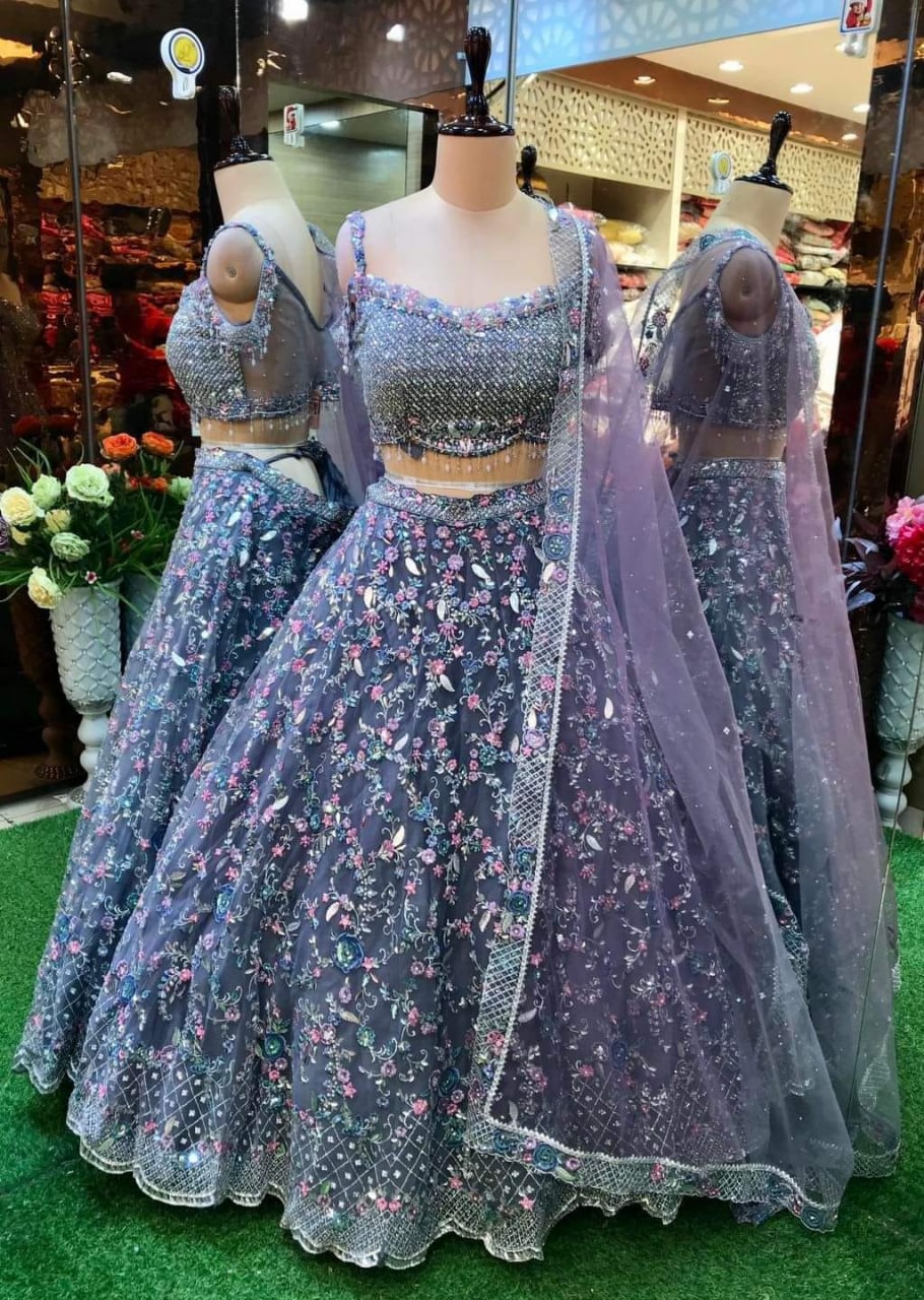 Purple Lehenga Choli In Nylon Mono Net With Embroidery Work