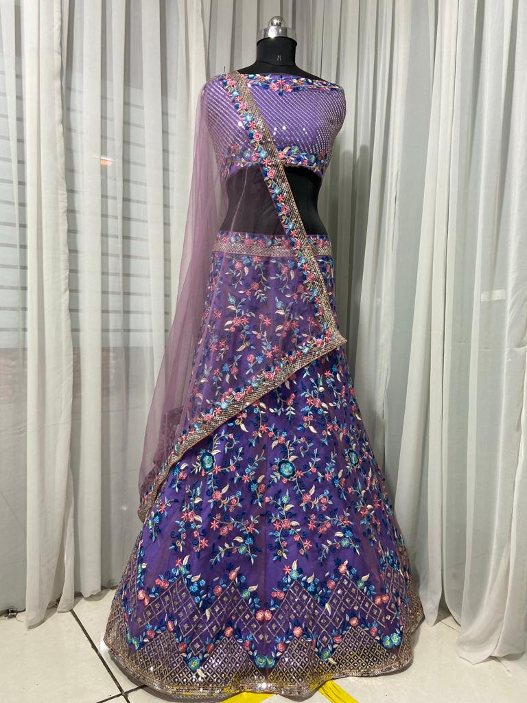 Purple Lehenga Choli In Nylon Mono Net With Embroidery Work