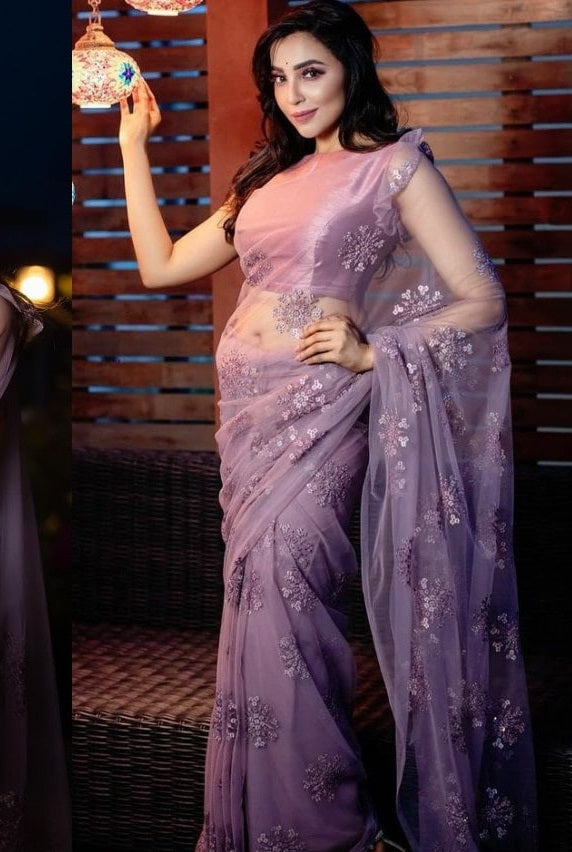 Purple Saree In Organza Silk With Embroidery Work