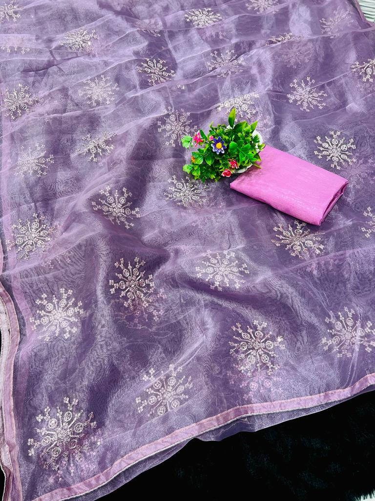 Purple Saree In Organza Silk With Embroidery Work