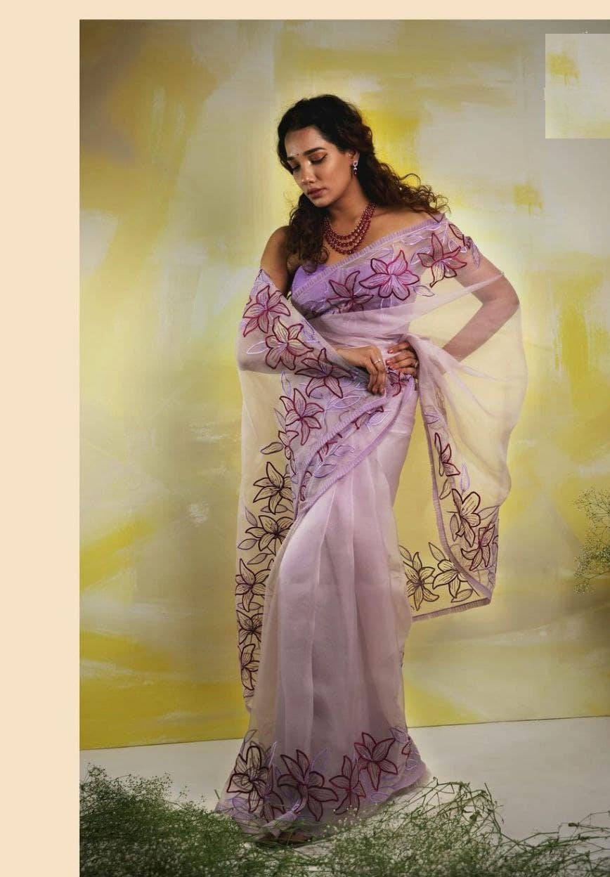 Purple Saree In Organza Silk With Embroidery Work