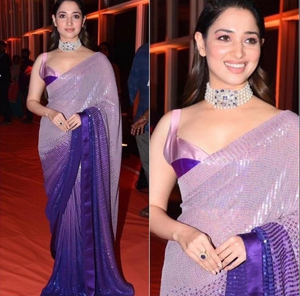 Purple Saree In Chinon Silk With Full Sequence Work