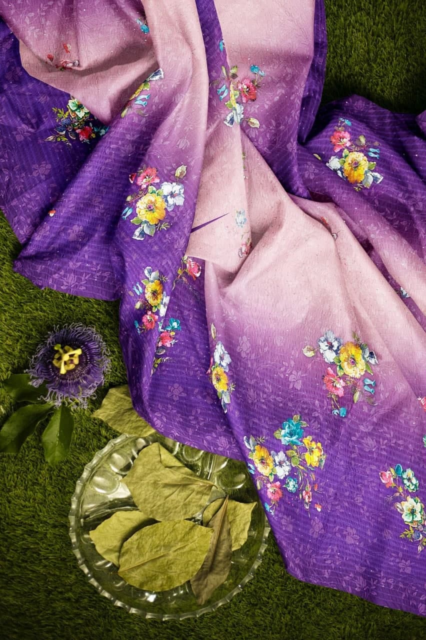 Purple Saree In Heavy Vichitra Silk With Digital Print