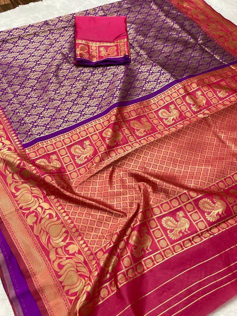 Purple Soft Lichi Silk Banarasi Saree With Blouse