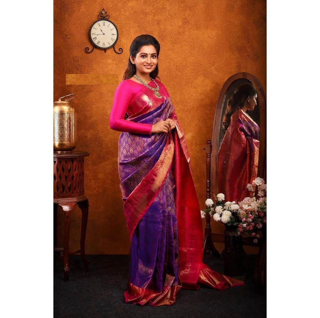 Purple Soft Lichi Silk Banarasi Saree With Blouse