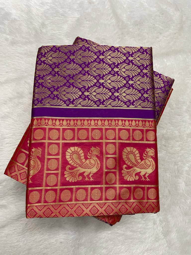 Purple Soft Lichi Silk Banarasi Saree With Blouse