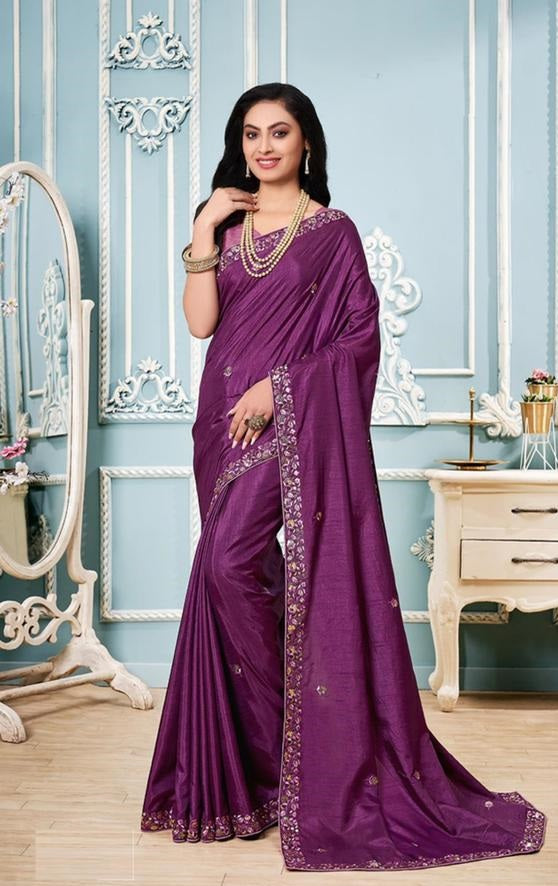 Purple Saree In Vichitra Silk With Multi Embroidery Work