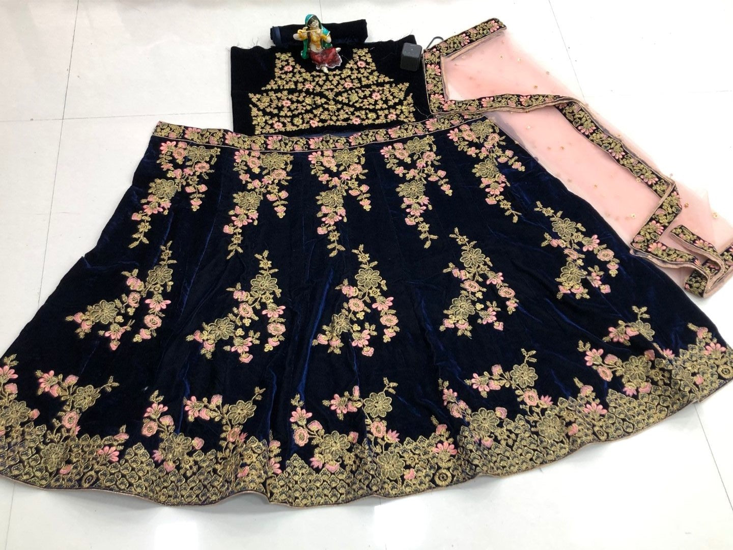 Navy Blue Lehenga Choli In Velvet With Embroidery Work