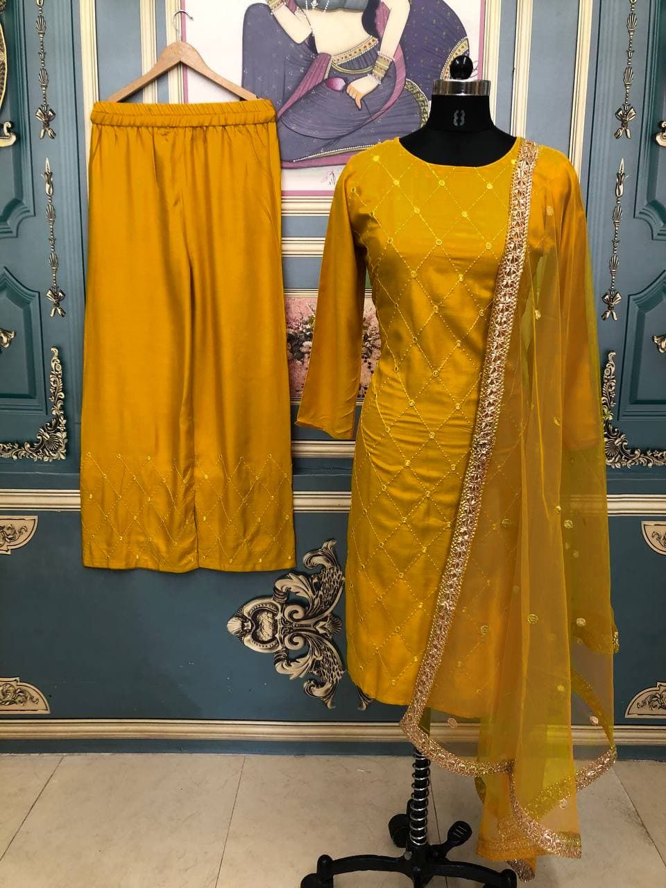 Mustard Yellow Salwar Suit In Rayon With Embroidery Work