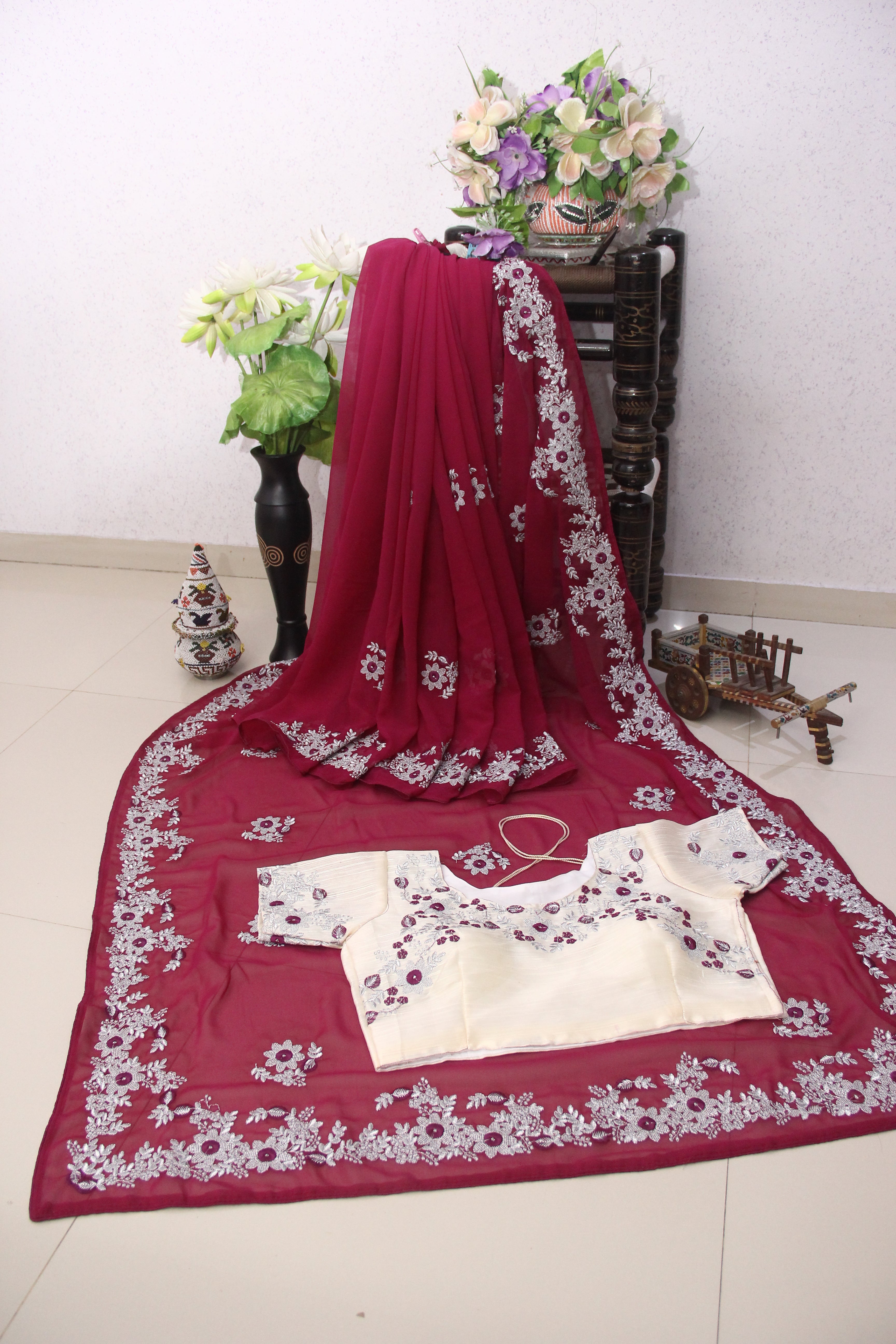 Wine Saree In 60 GM Georgette With Thread Work