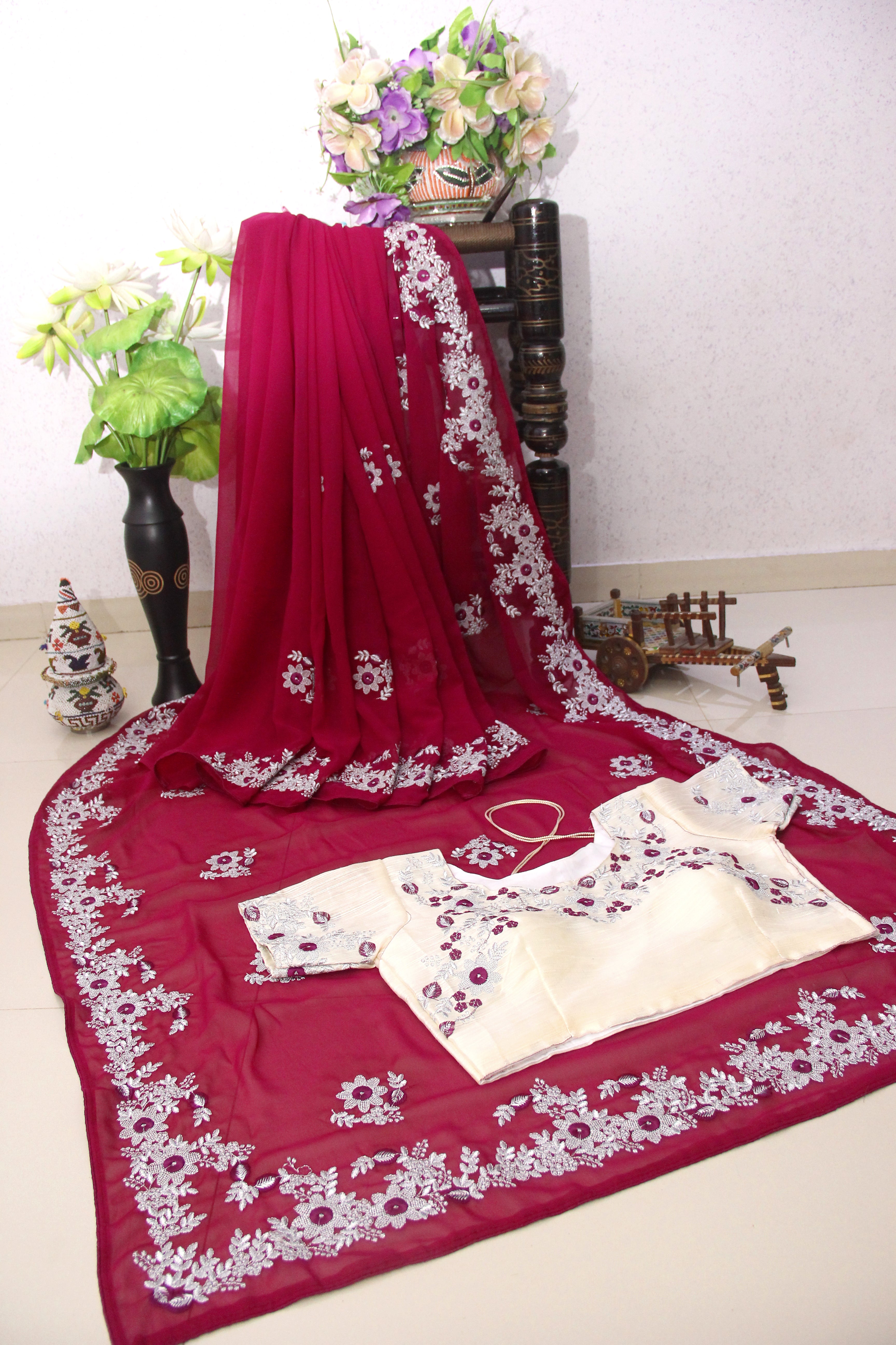 Wine Saree In 60 GM Georgette With Thread Work