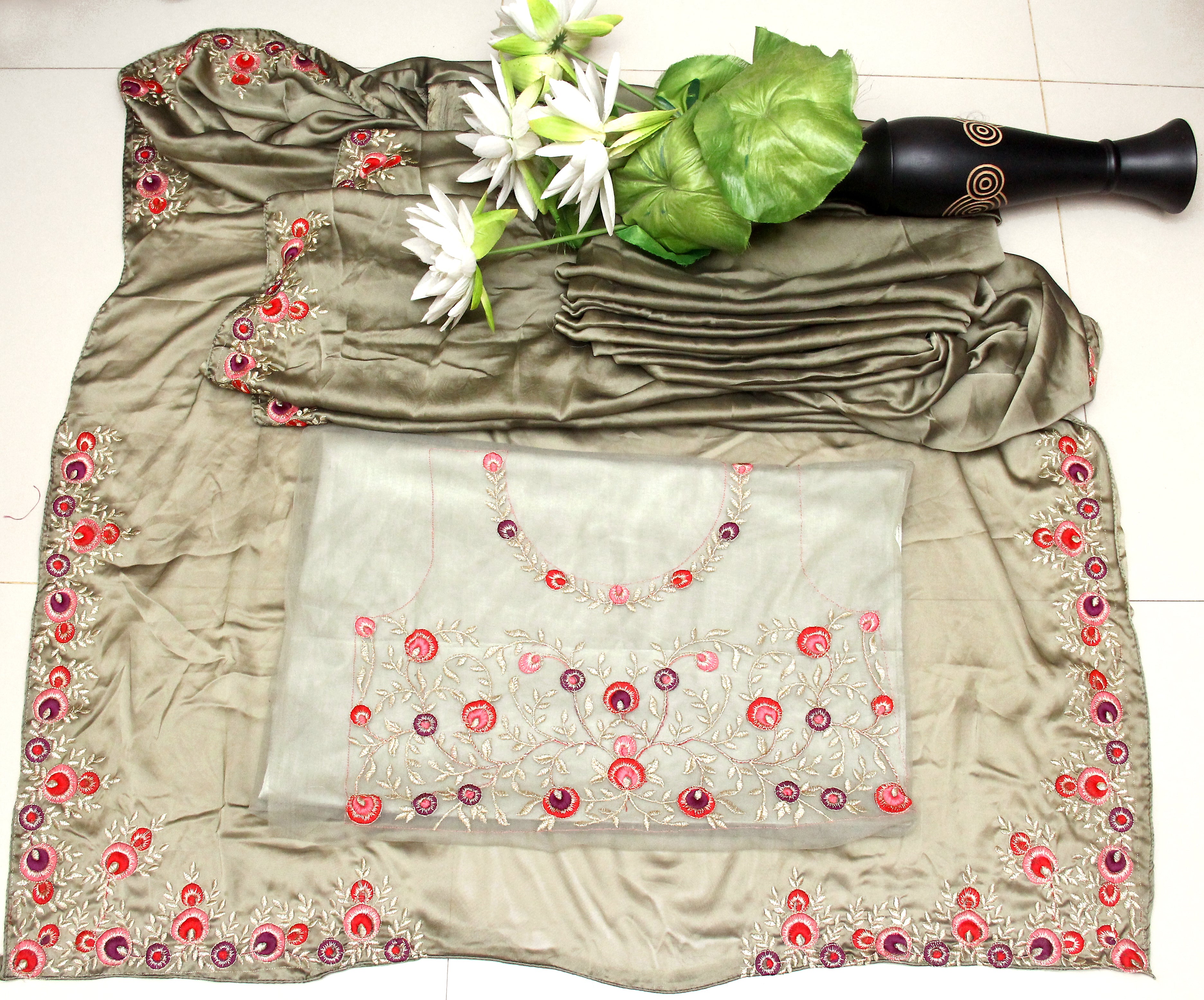 Olive Green Saree In Satin Silk With Thread Work