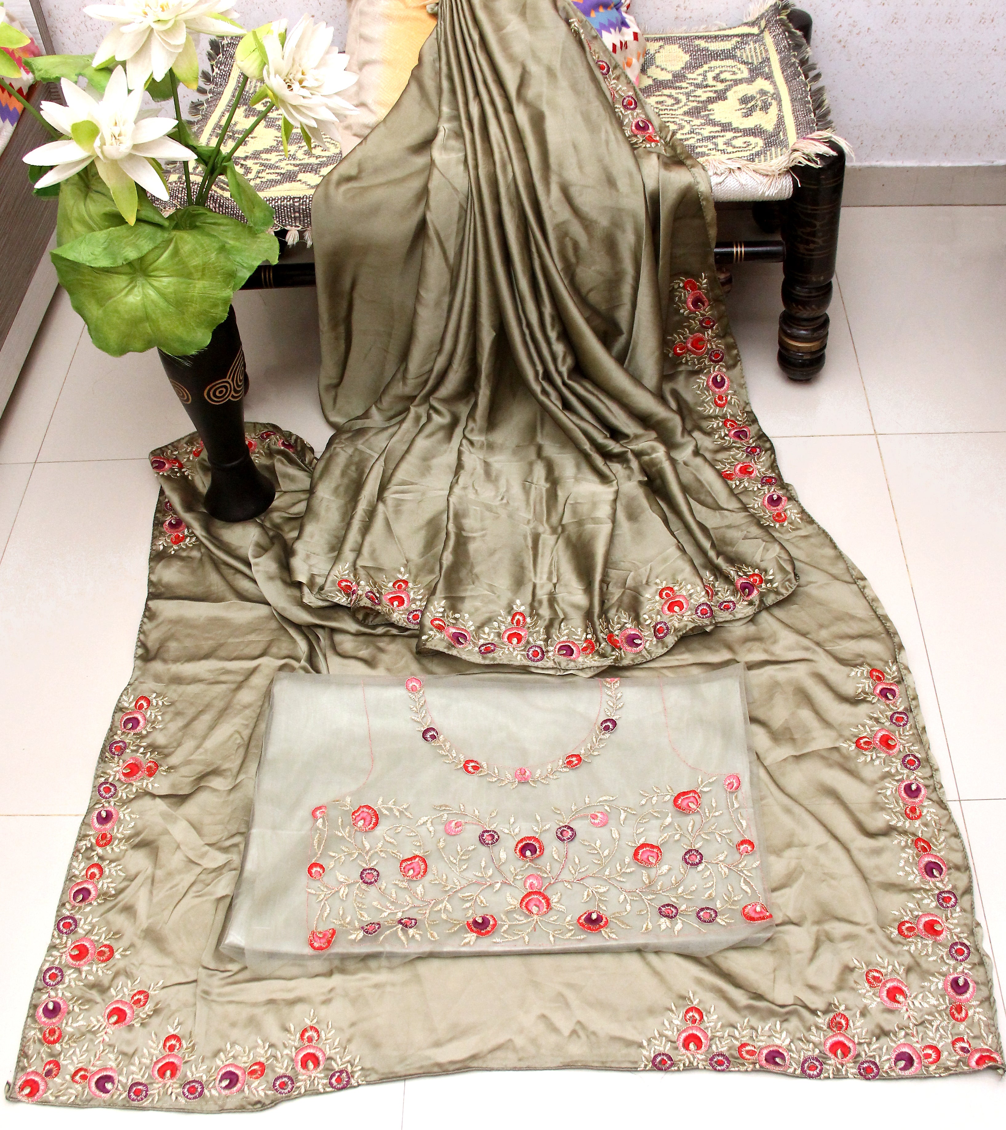 Olive Green Saree In Satin Silk With Thread Work