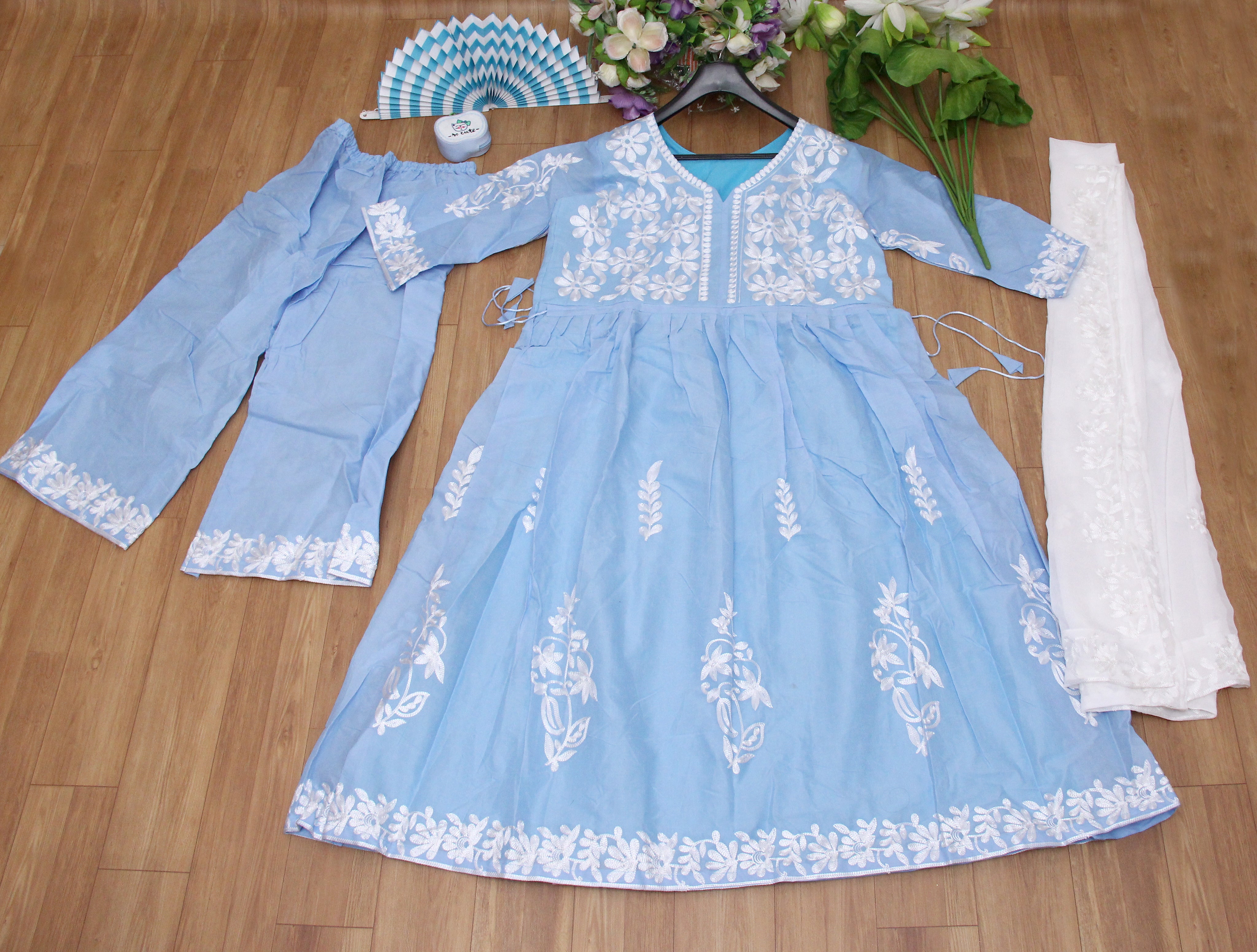 Sky Blue Salwar Suit In Pure Cotton With Chain Stitch Work