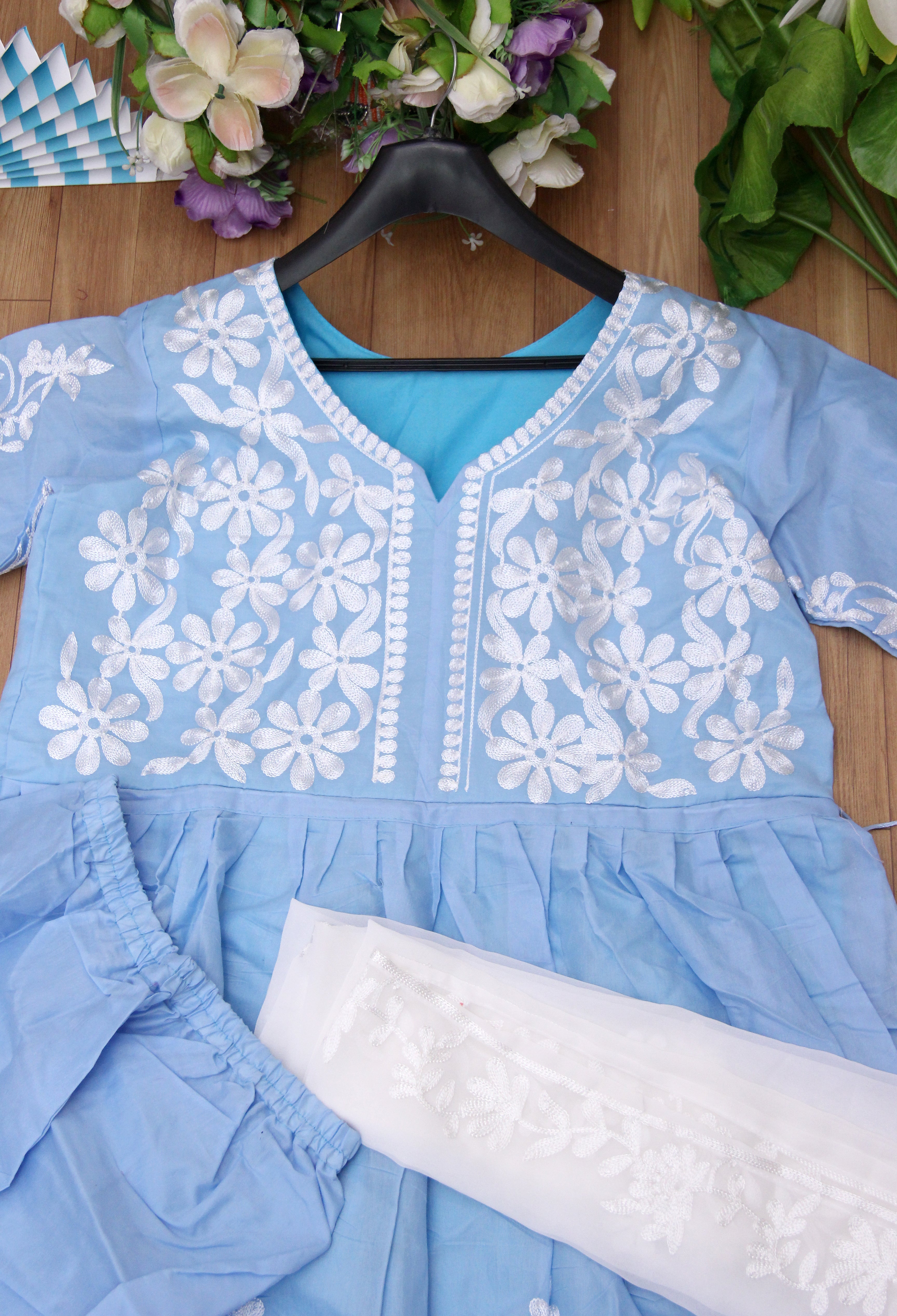 Sky Blue Salwar Suit In Pure Cotton With Chain Stitch Work