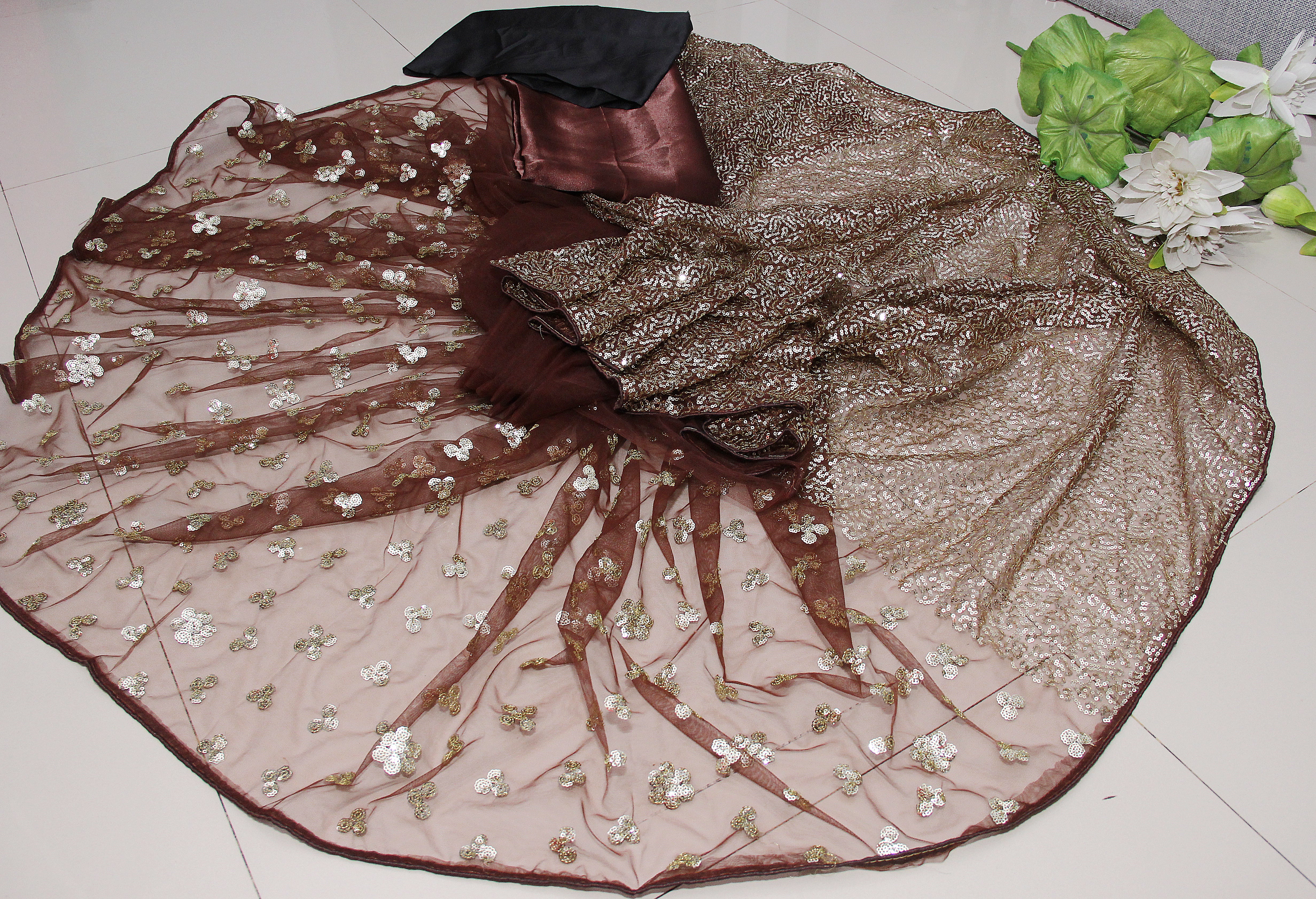 Coffee Saree In Butterfly Mono Net With Thread Work