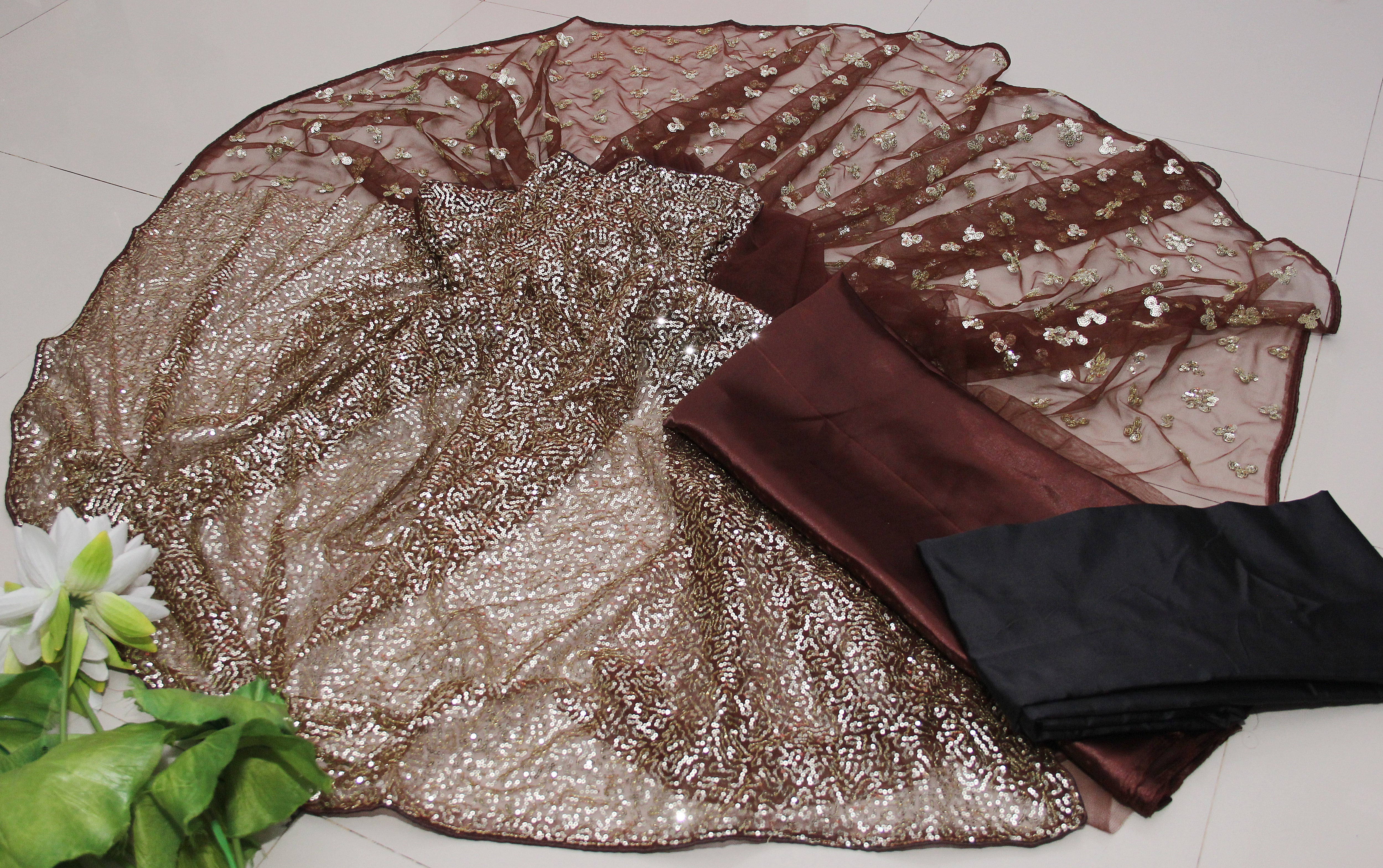 Coffee Saree In Butterfly Mono Net With Thread Work