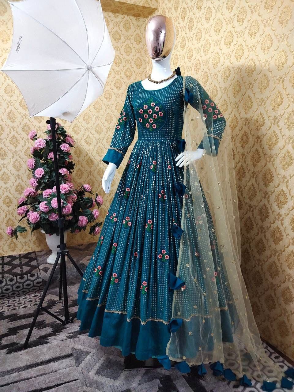 Rama Blue Gown In Fox Georgette With Sequence Embroidery Work