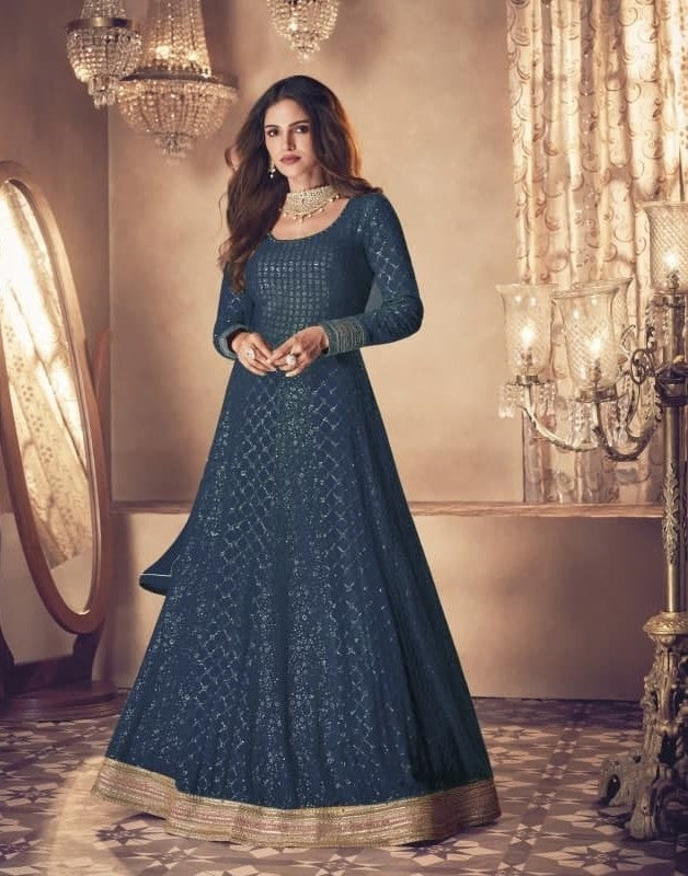 Rama Blue Gown In Heavy Bluming Georgette With Sequence Embroidery Work