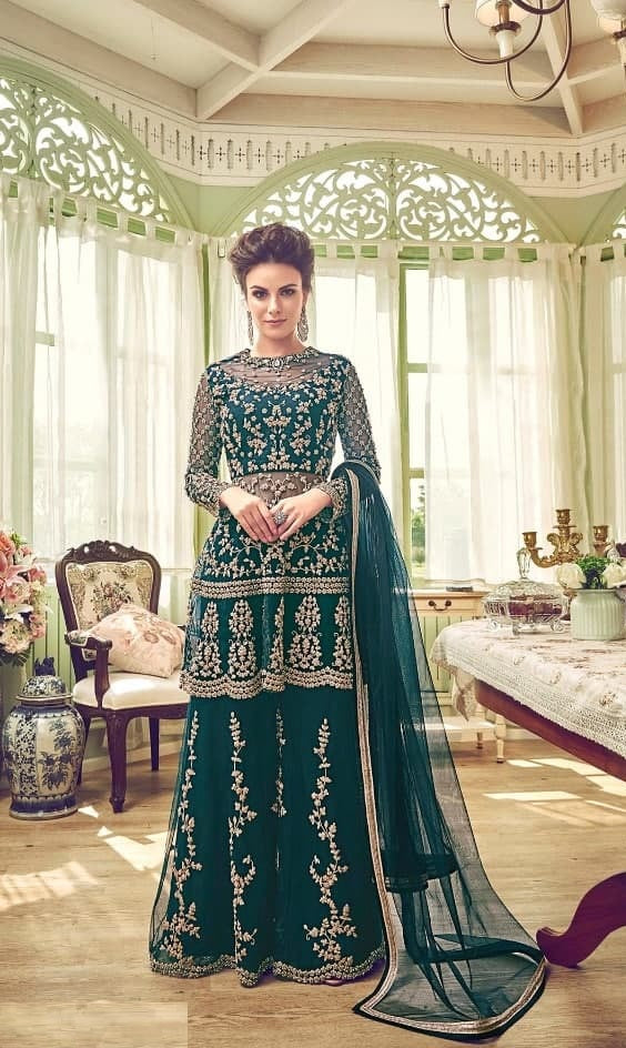 Rama Sharara Suit In Butterfly Mono Net With Embroidery Work