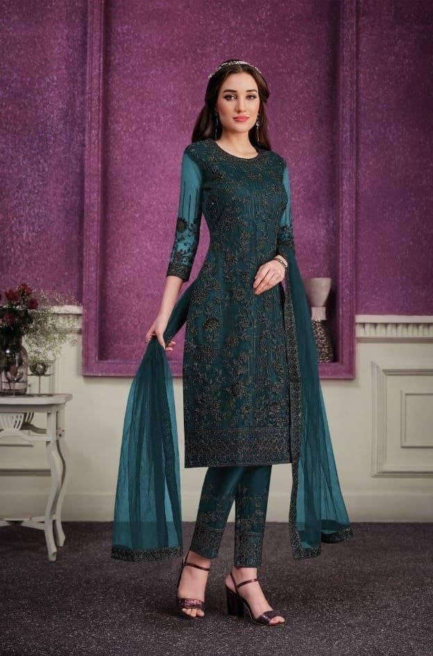 Sky Blue Salwar Suit In Butterfly Mono Net With Embroidery Cording Work