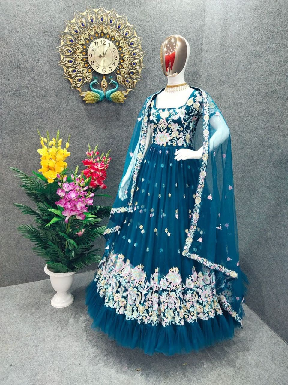 Rama Blue Salwar Suit In Butterfly Mono Net With Embroidery Work