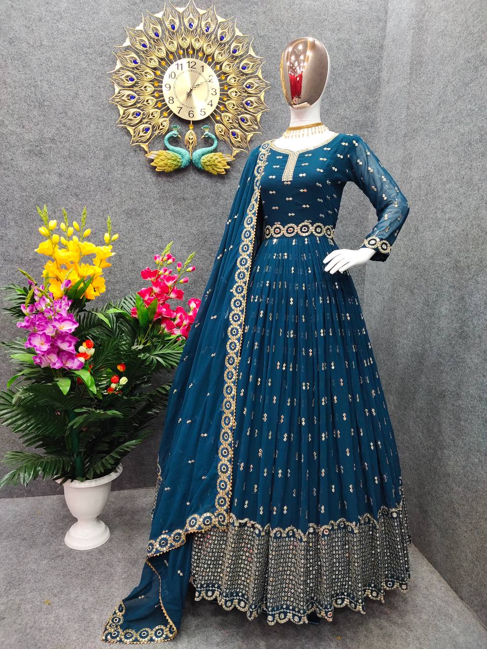 Rama Blue Anarkali Suit In Fox Georgette With Embroidery Work