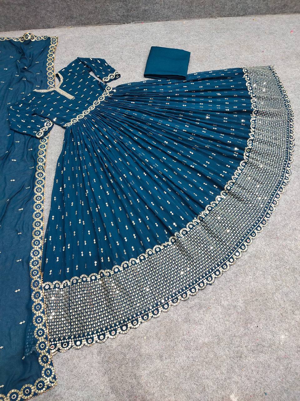 Rama Blue Anarkali Suit In Fox Georgette With Embroidery Work