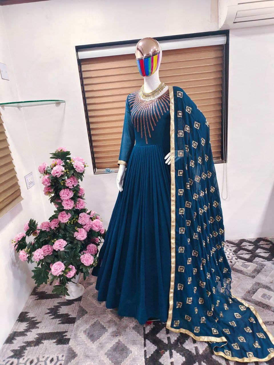 Rama Blue Salwar Suit In Fox Georgette With Embroidery Work