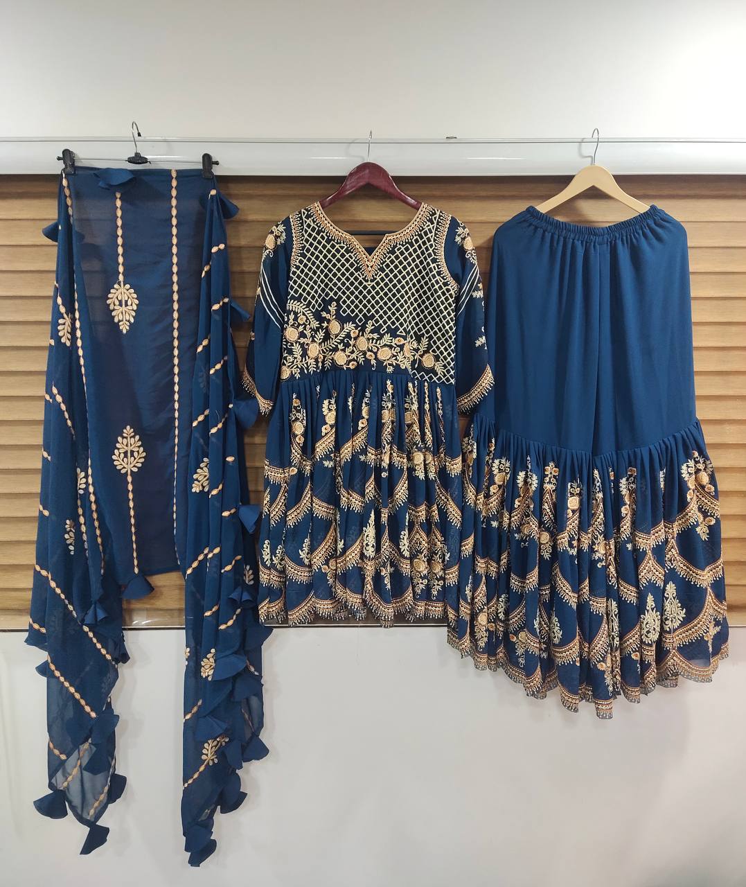 Rama Blue Sharara Suit In Fox Georgette With Embroidery Work