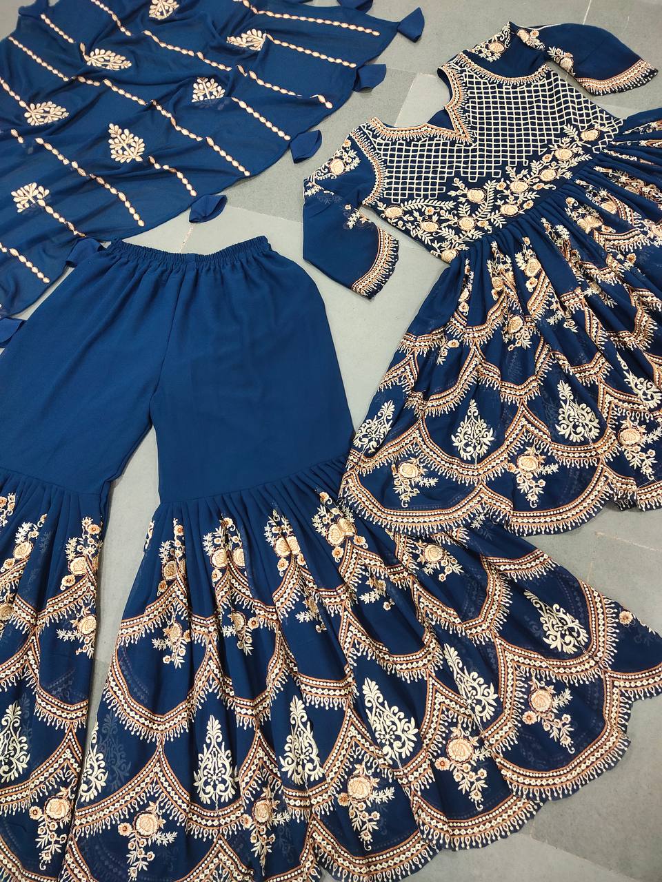 Rama Blue Sharara Suit In Fox Georgette With Embroidery Work