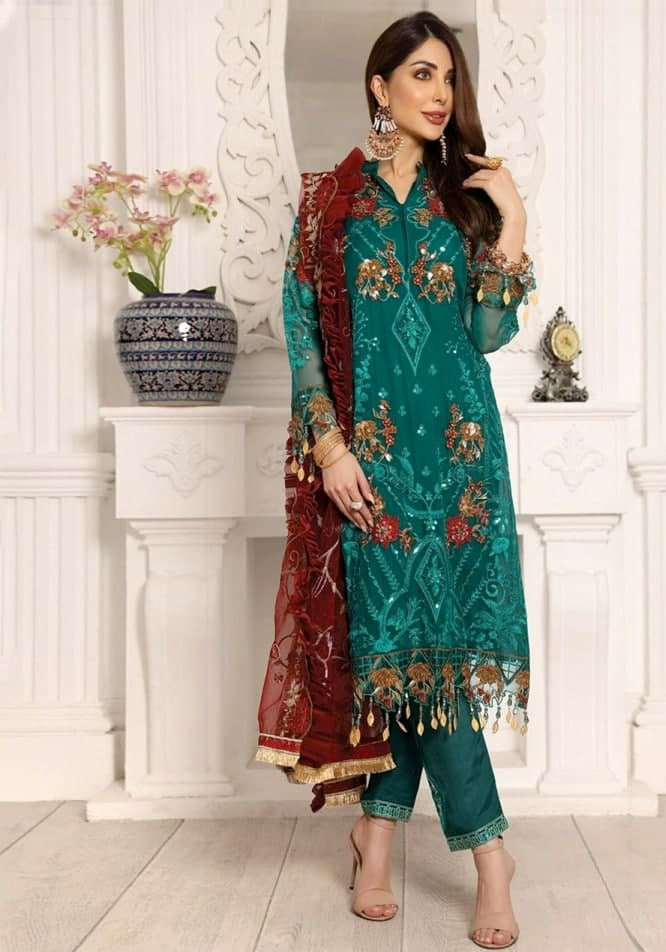 Rama Blue Salwar Suit In Georgette With Embroidery Work