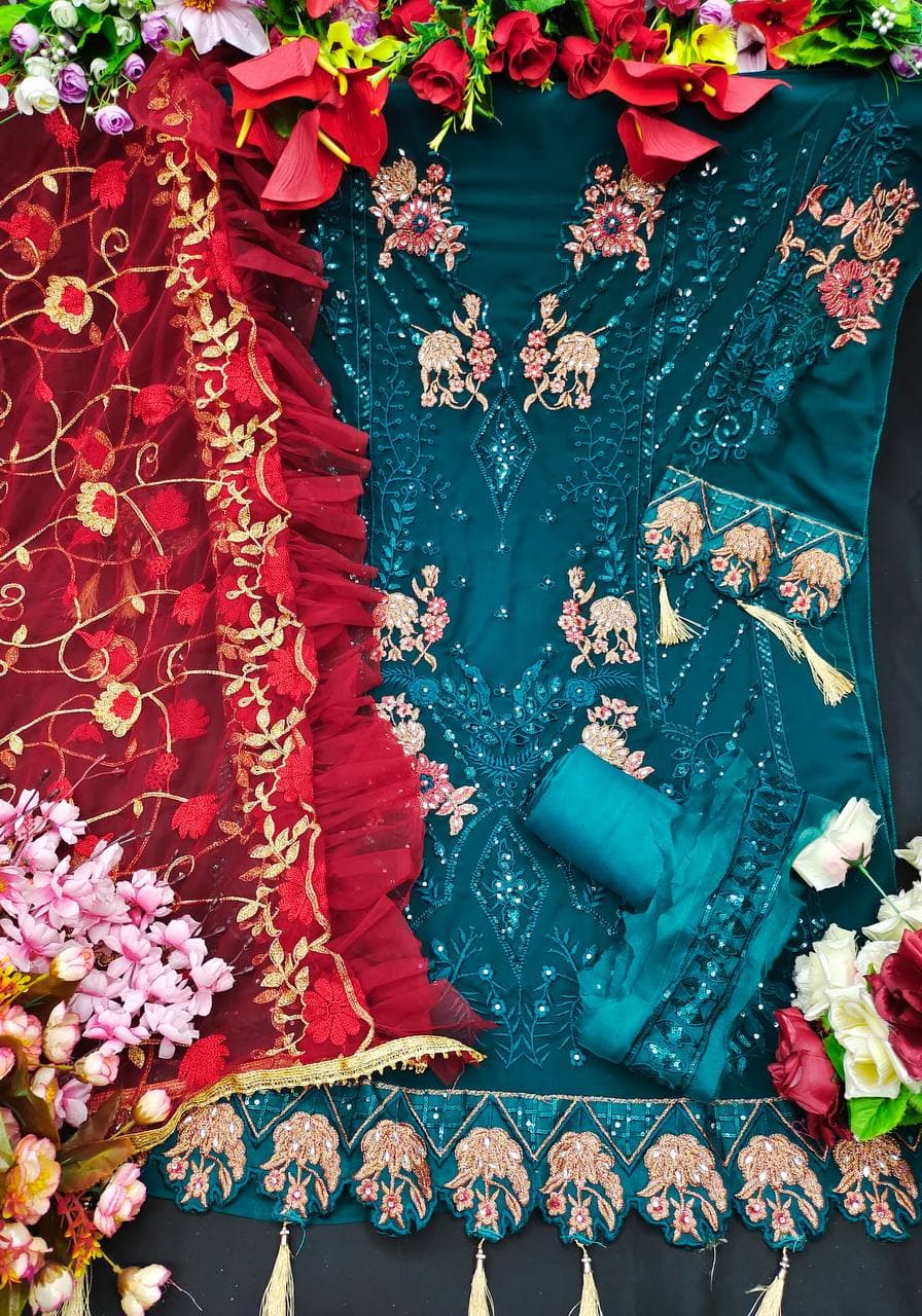 Rama Blue Salwar Suit In Georgette With Embroidery Work