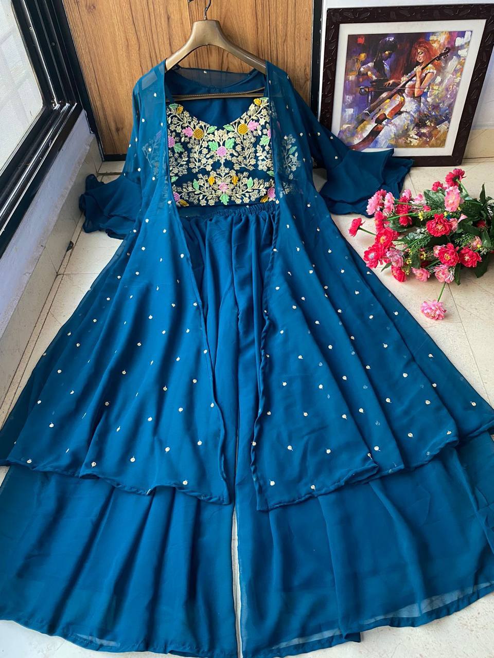 Rama Blue Palazzo Suit In Georgette Silk With Embroidery Work