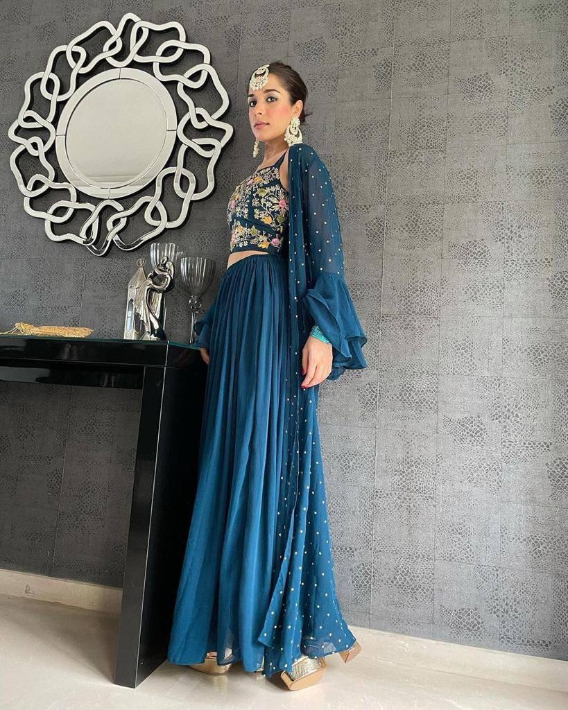 Rama Blue Palazzo Suit In Georgette Silk With Embroidery Work