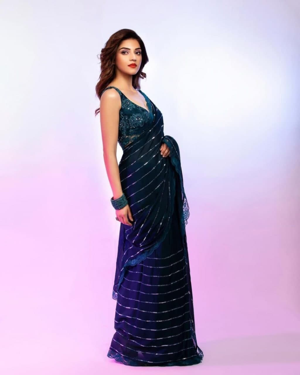 Rama Blue Saree In Georgette Silk With Sequence Work