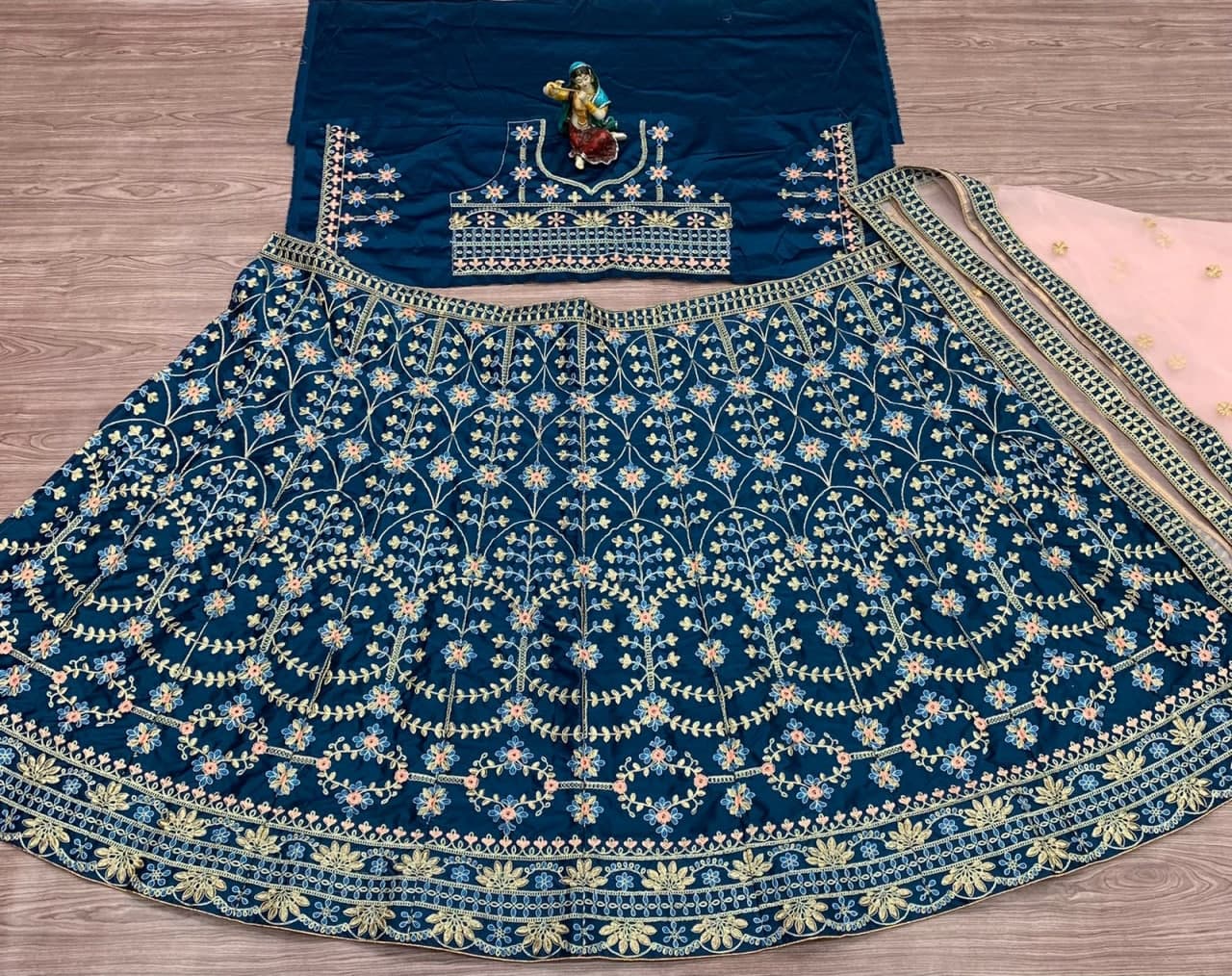 Rama Blue Lehenga Choli In Heavy Malai Satin With Multi Embroidery Work