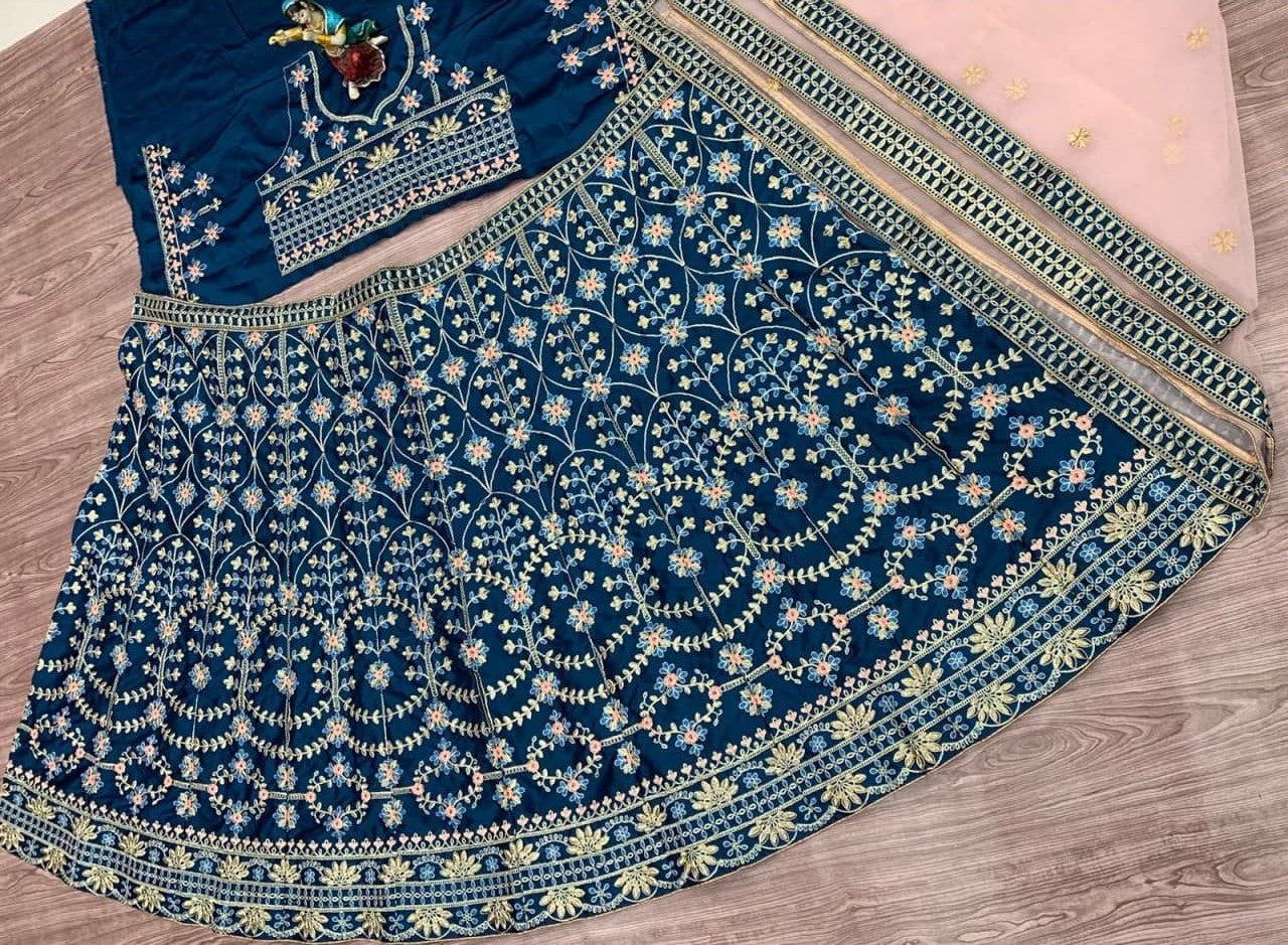 Rama Blue Lehenga Choli In Heavy Malai Satin With Multi Embroidery Work