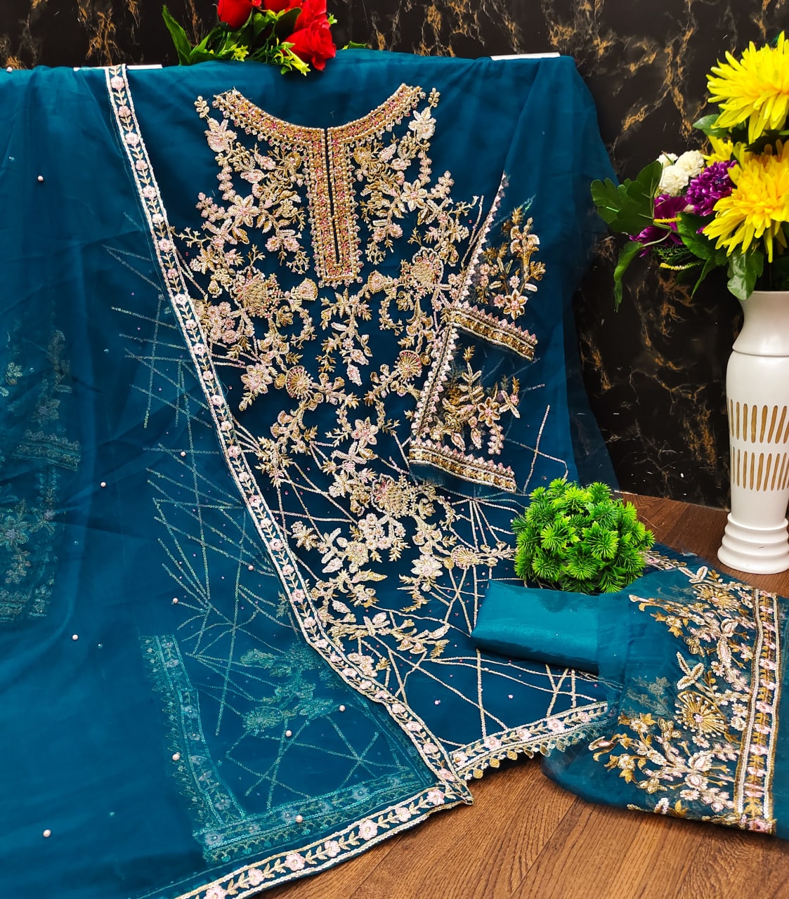 Rama Blue Salwar Suit In Nylon Mono Net With Embroidery Work