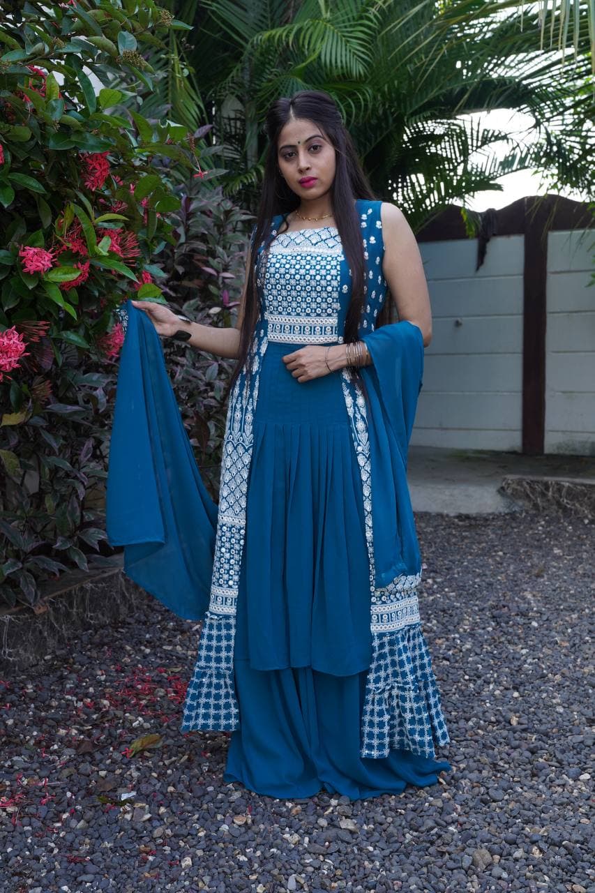 Rama Blue Salwar Suit In Fox Georgette With Embroidery Work