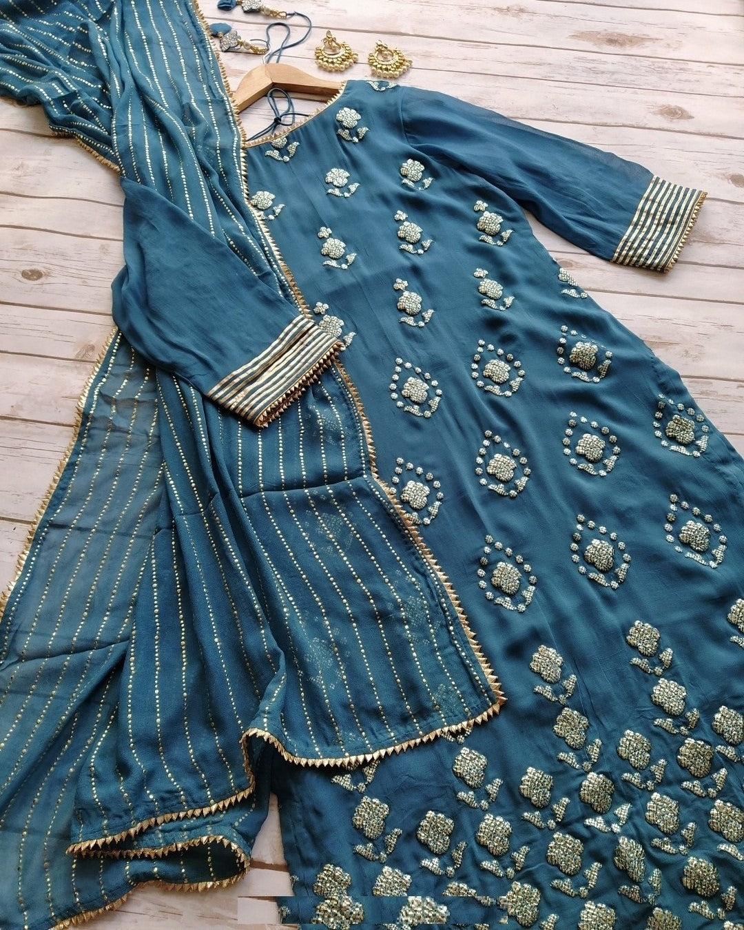 Rama Blue Salwar Suit In Georgette With Mukaish Work