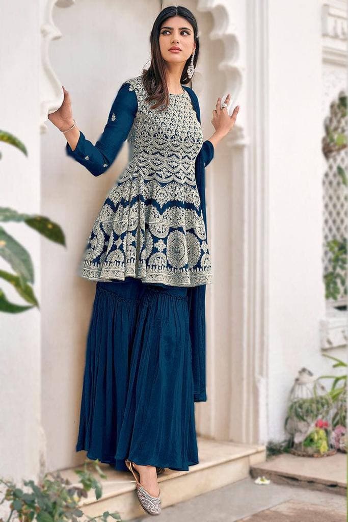 Rama Blue Salwar Suit In Heavy Faux Georgette With Embroidery Work