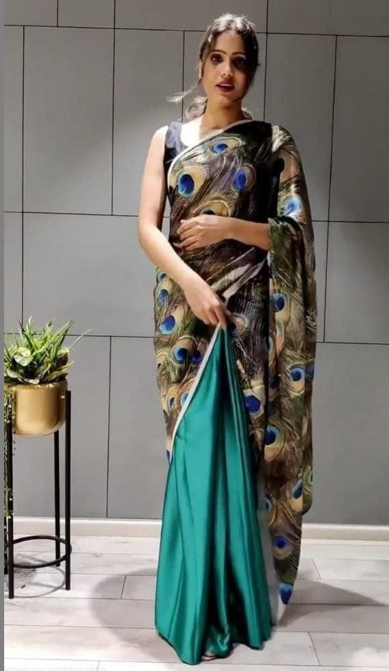 Rama Blue Saree In Japan Satin Silk With Digital Print