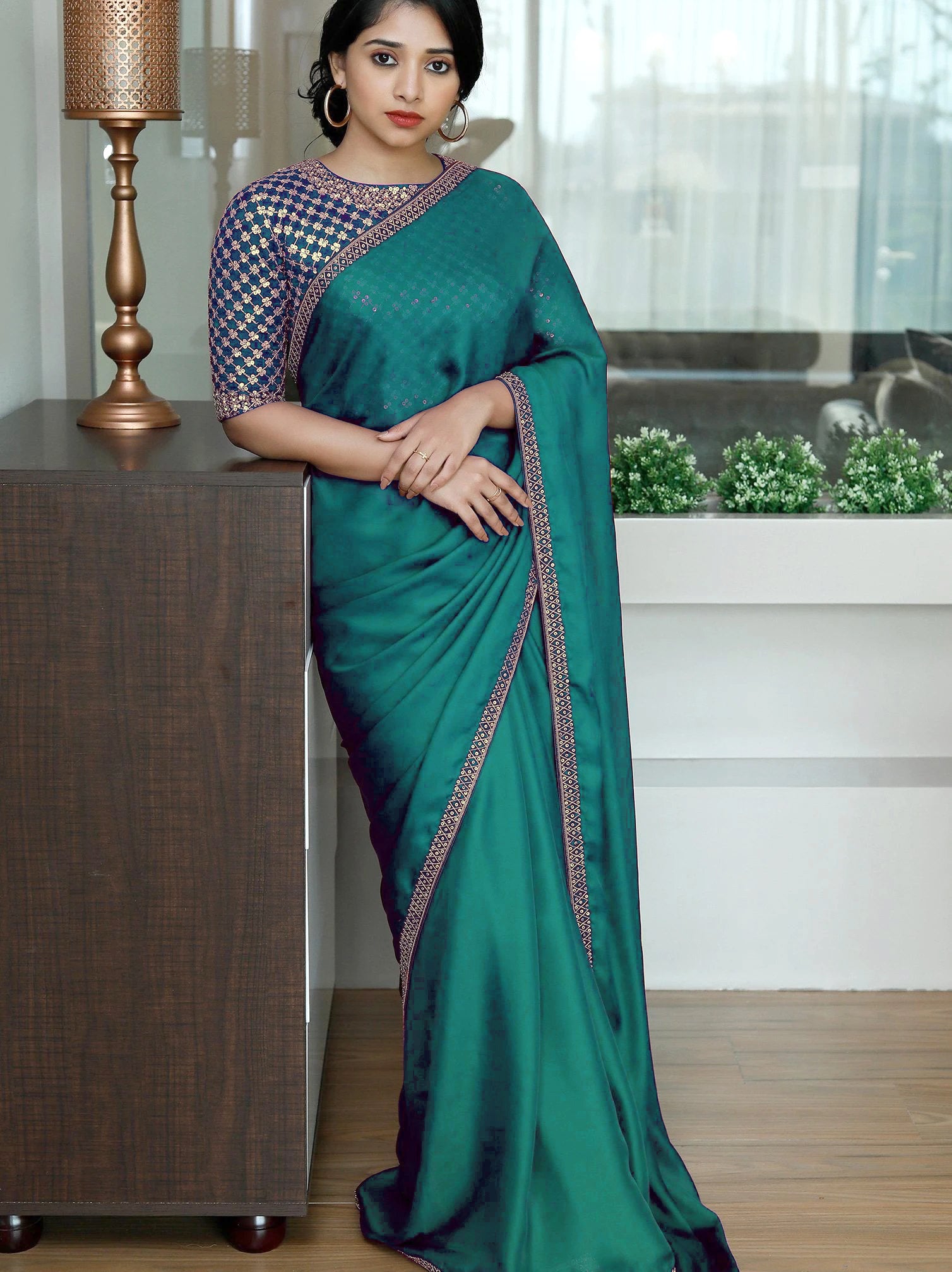 Rama Blue Saree In Two Tone Silk With Sequence Work
