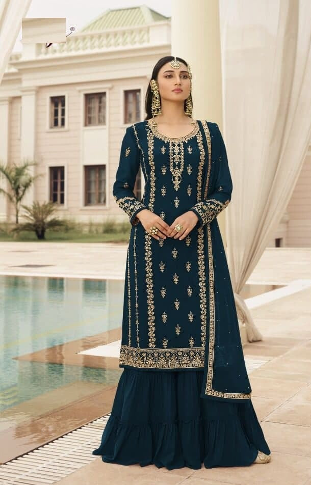 Rama Sharara Suit In Fox Georgette With Embroidery Work