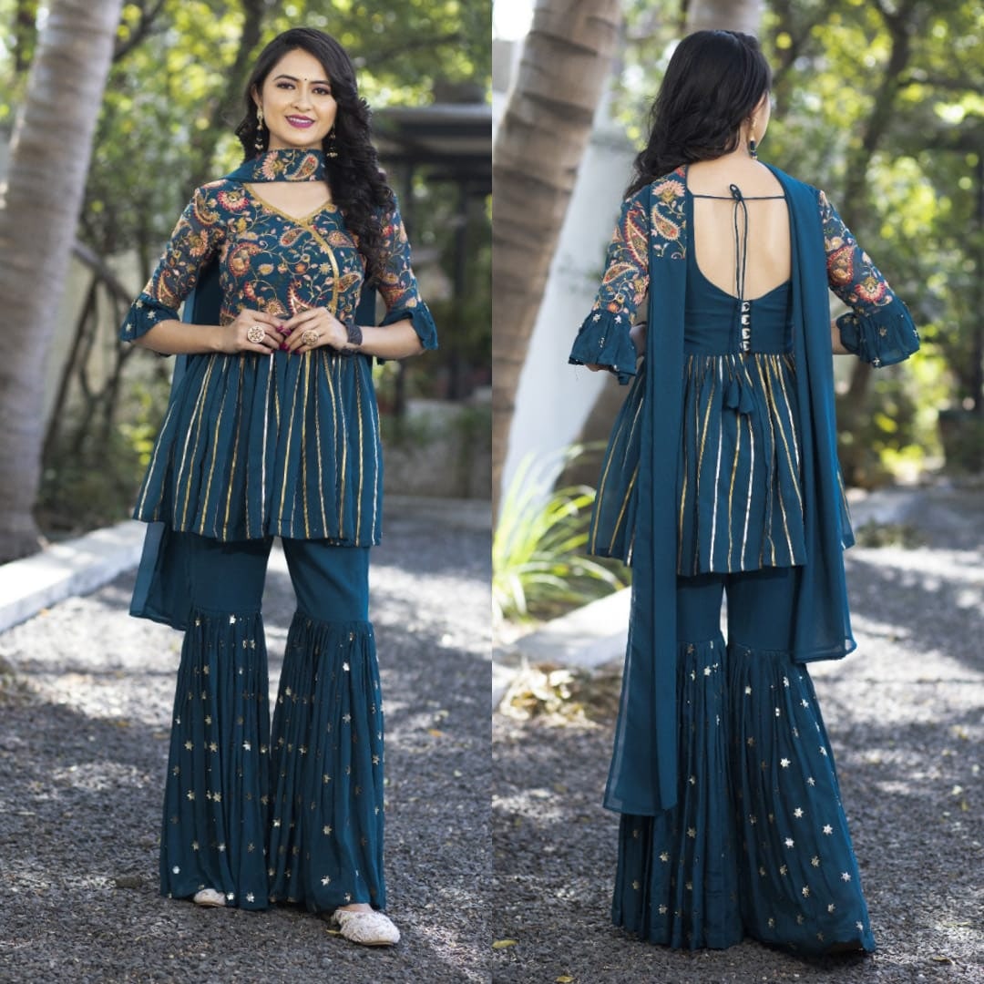 Rama Sharara Suit In Georgette Silk With Embroidery Thread Work