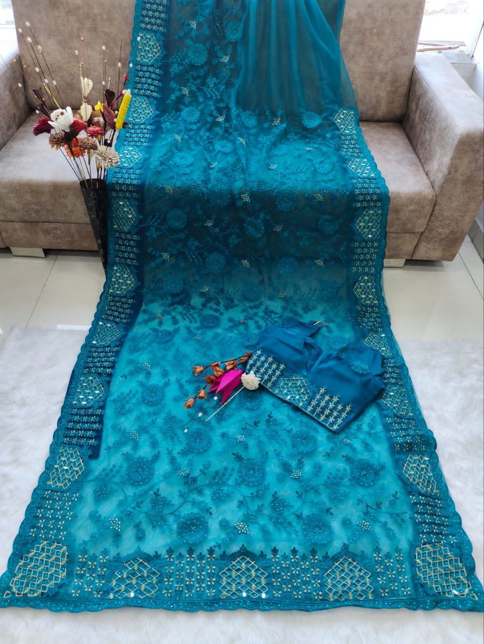 Rama Green Butterfly Mono Net Diamond Work Saree