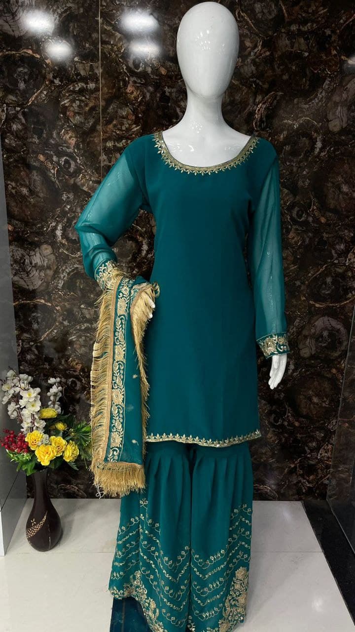 Rama Green Salwar Suit In Georgette Silk With Sequence Embroidery Work