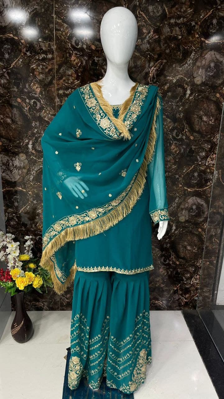 Rama Green Salwar Suit In Georgette Silk With Sequence Embroidery Work