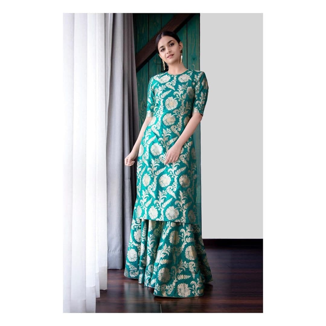 Rama Green Sharara Suit In Silk With Zari Weaving